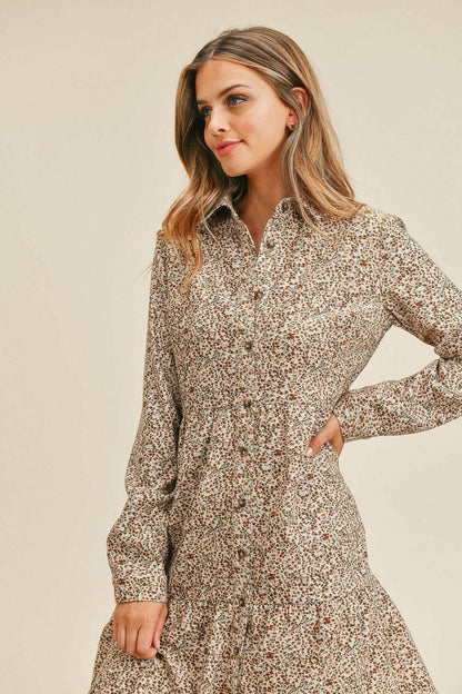 Corduroy Printed Button Down Front Collar Long Sleeve Dress - Taupe