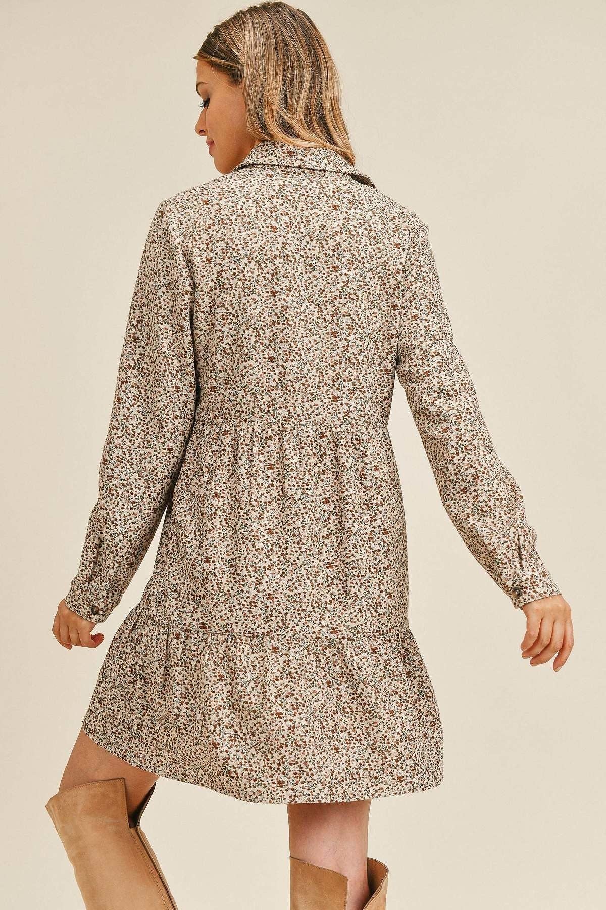 Corduroy Printed Button Down Front Collar Long Sleeve Dress - Taupe