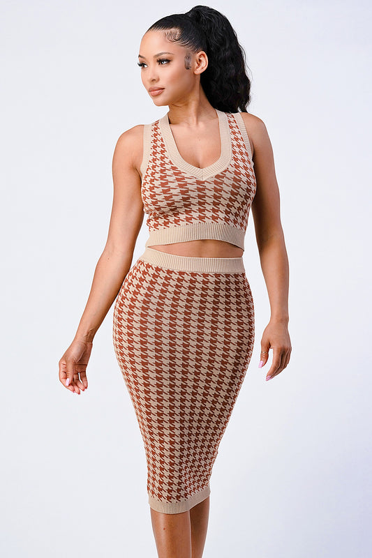 Luxe Houndstooth Rib Knit Top And Skirt Sets -  Auburn