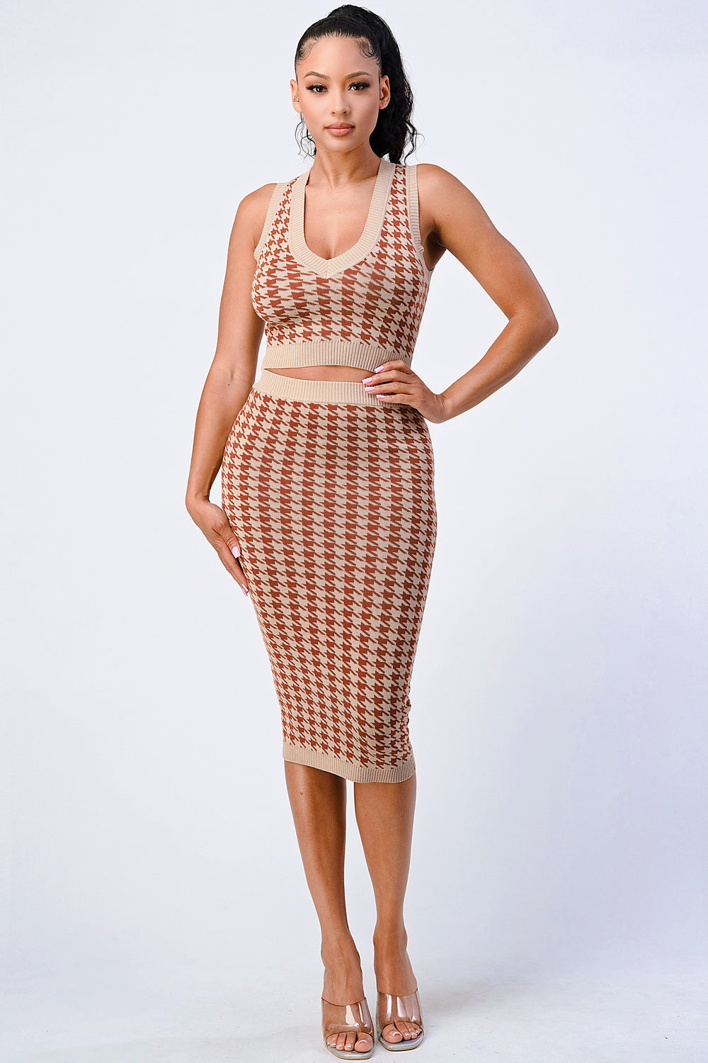 Luxe Houndstooth Rib Knit Top And Skirt Sets -  Auburn