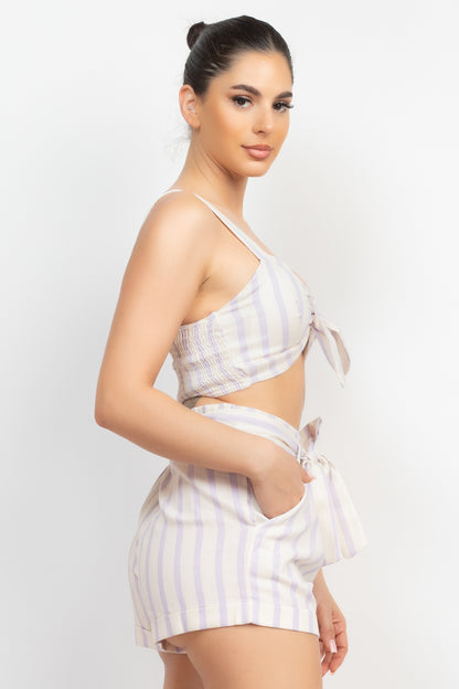 Tie-front Striped Crop Top & Belted Shorts Set - Lavender White