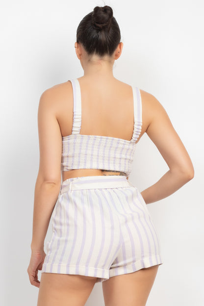 Tie-front Striped Crop Top & Belted Shorts Set - Lavender White