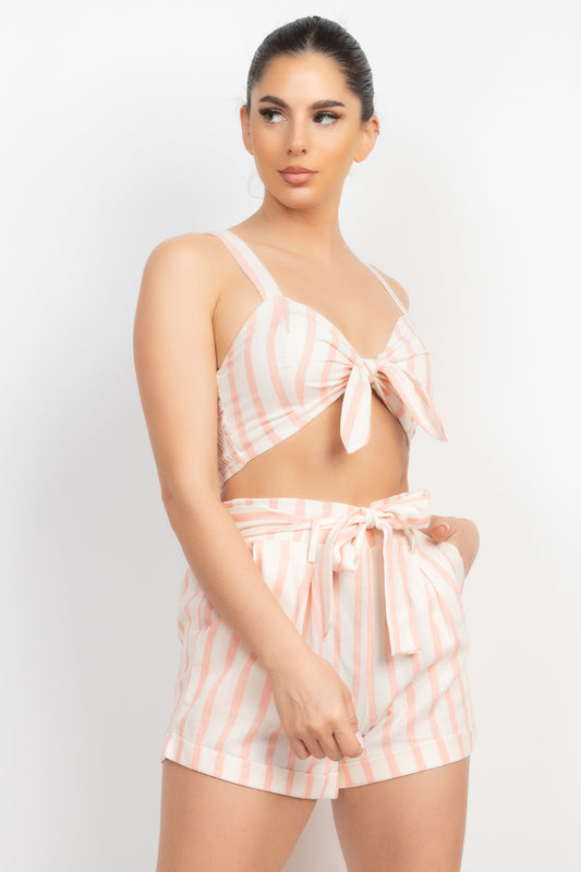 Tie-front Striped Crop Top & Belted Shorts Set - Light Coral White