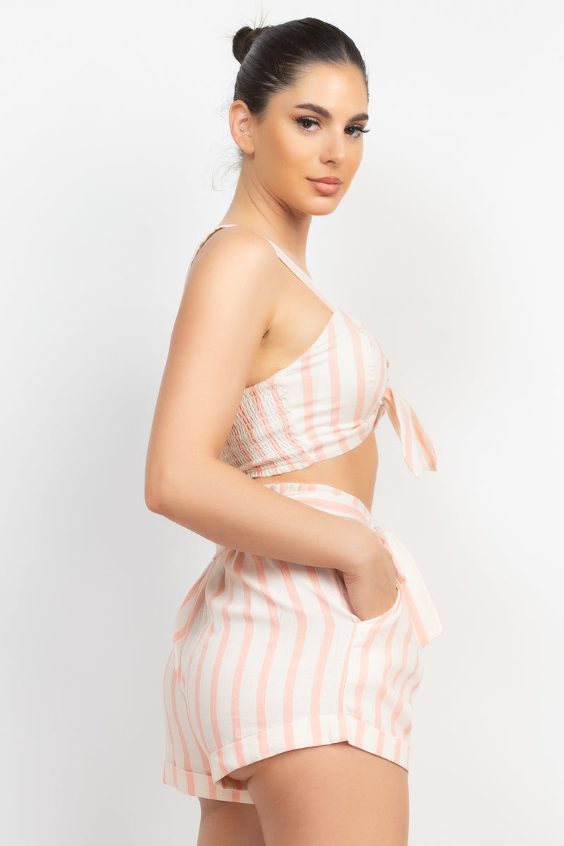 Tie-front Striped Crop Top & Belted Shorts Set - Light Coral White