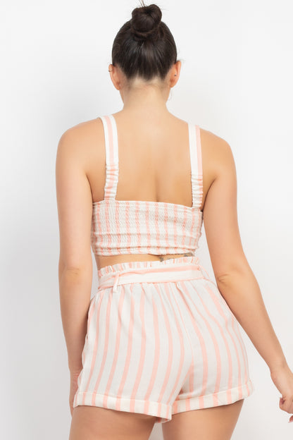 Tie-front Striped Crop Top & Belted Shorts Set - Light Coral White