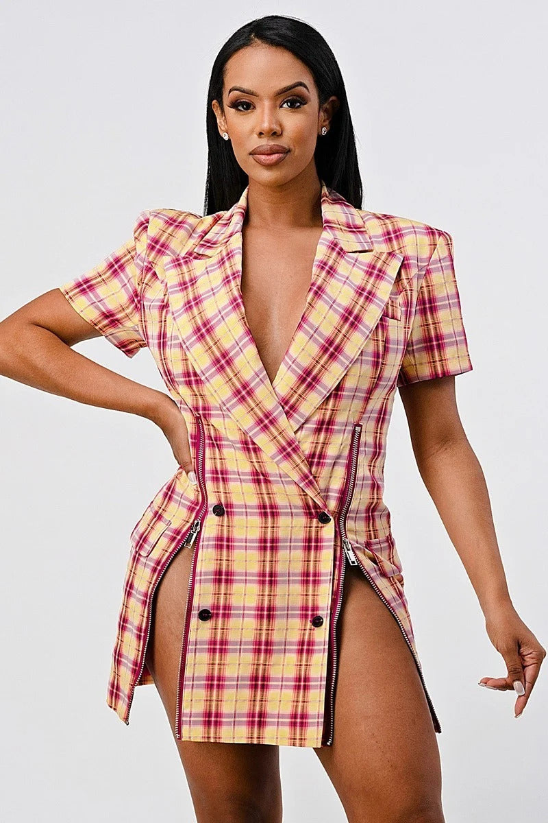 Wide Collared Double Breasted Plaid Blazer Mini Dress - Red Multi