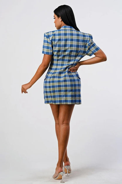 Wide Collared Double Breasted Plaid Blazer Mini Dress - Blue Multi