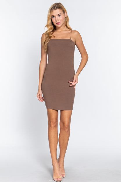 Cami Heavy Rib Spaghetti Strap Mini Dress - Tan