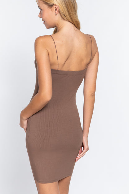 Cami Heavy Rib Spaghetti Strap Mini Dress - Tan