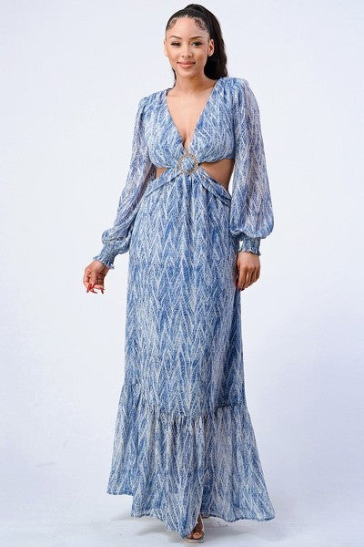 Printed V Neck Self Belted Side Cut Out Ruffled Maxi Dress - Blue