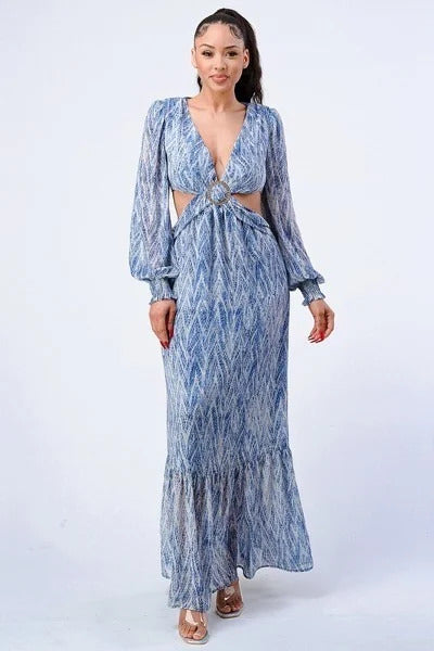 Printed V Neck Self Belted Side Cut Out Ruffled Maxi Dress - Blue