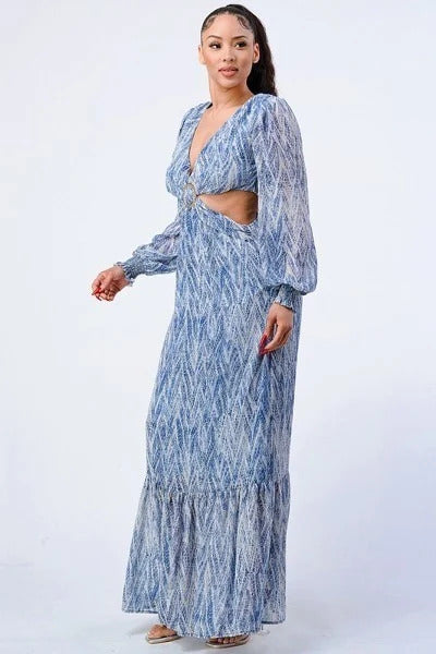 Printed V Neck Self Belted Side Cut Out Ruffled Maxi Dress - Blue