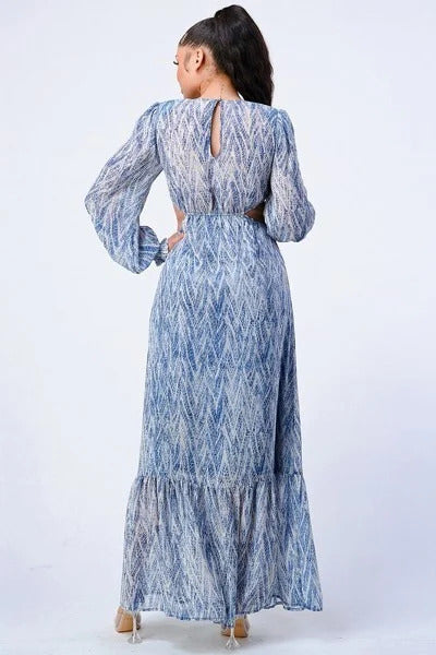 Printed V Neck Self Belted Side Cut Out Ruffled Maxi Dress - Blue