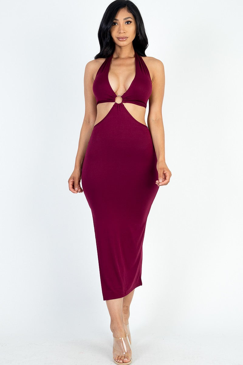 Cutout Halter Neck Double Back Tie Split Thigh Midi Dress - Maroon