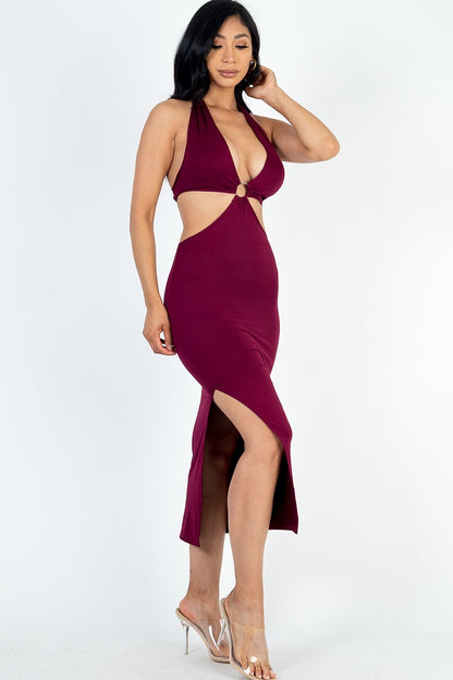 Cutout Halter Neck Double Back Tie Split Thigh Midi Dress - Maroon