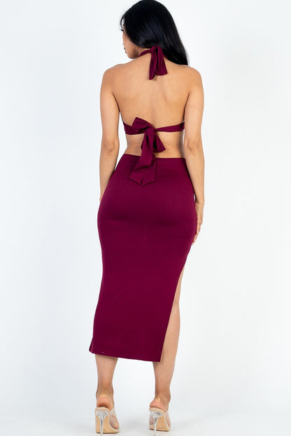 Cutout Halter Neck Double Back Tie Split Thigh Midi Dress - Maroon