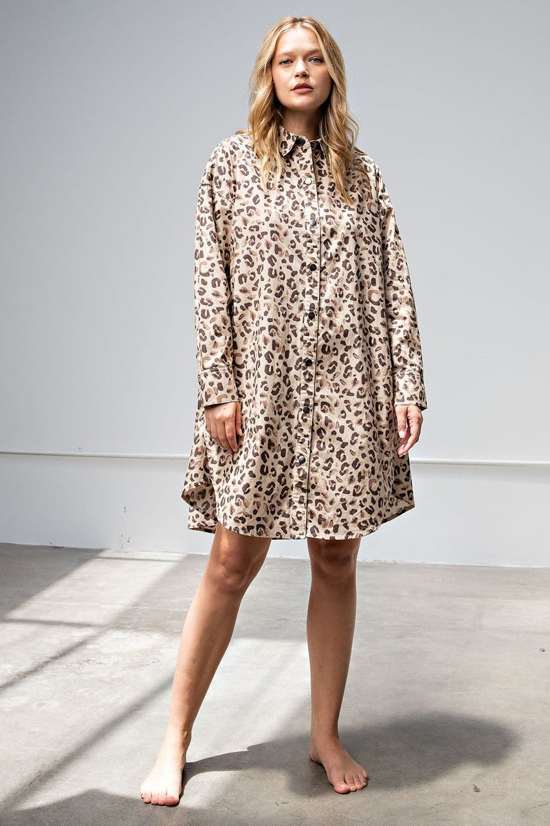 Cotton Leopard Printed Shirt Dress