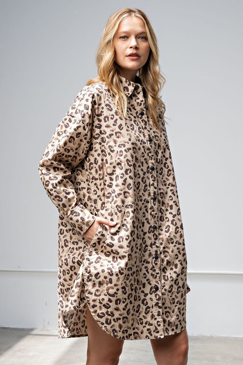 Cotton Leopard Printed Shirt Dress