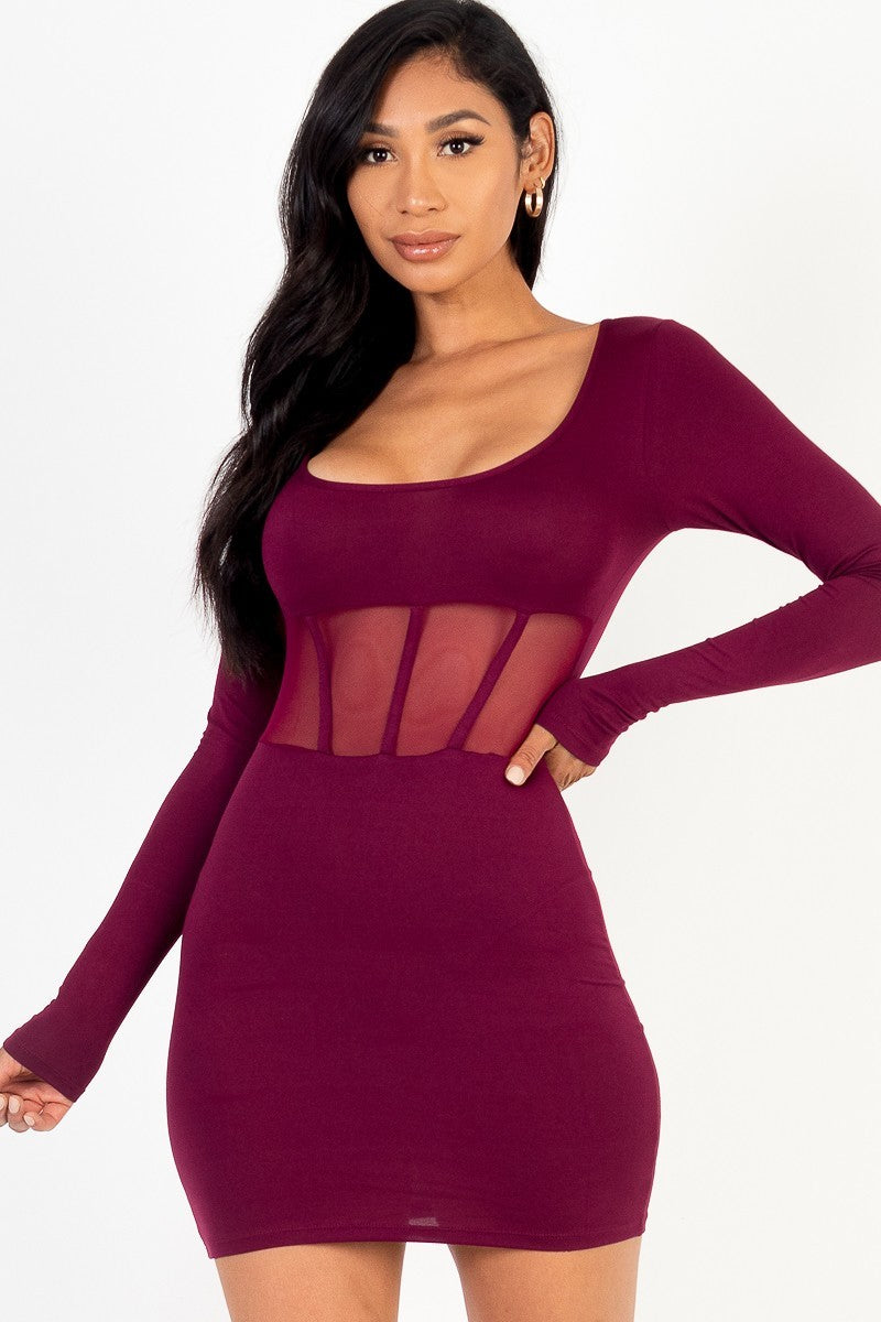 Square Neck Mesh Corset Mini Dress - Burgundy