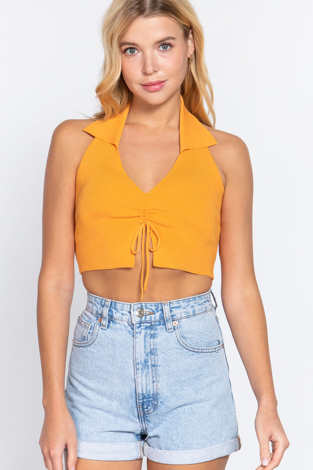 Halter Ruched Crop Sweater Knit Top - Mango Sherbet