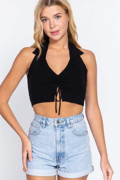 Halter Ruched Crop Sweater Knit Top - Black