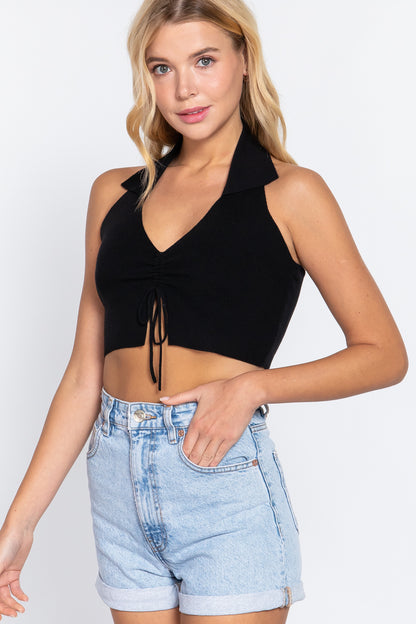 Halter Ruched Crop Sweater Knit Top - Black