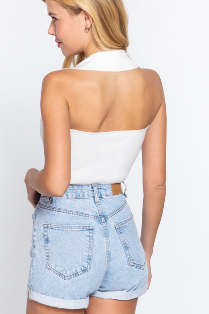 Halter Ruched Crop Sweater Knit Top - White