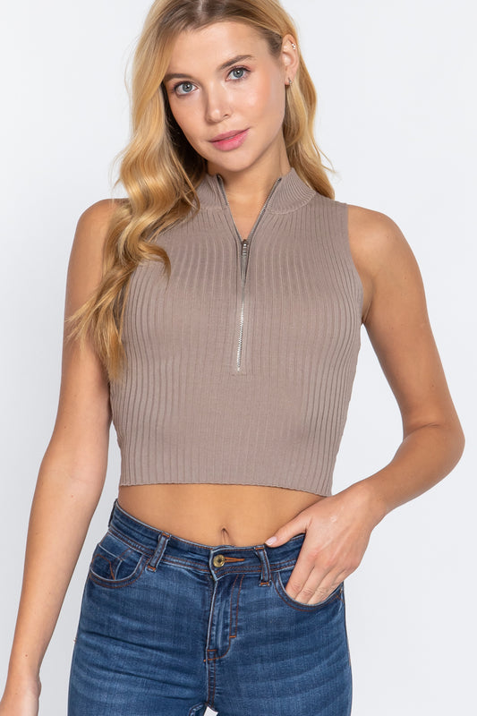 Sleeveless Ribbed Sweater Top W/zipper - Oyster Khaki