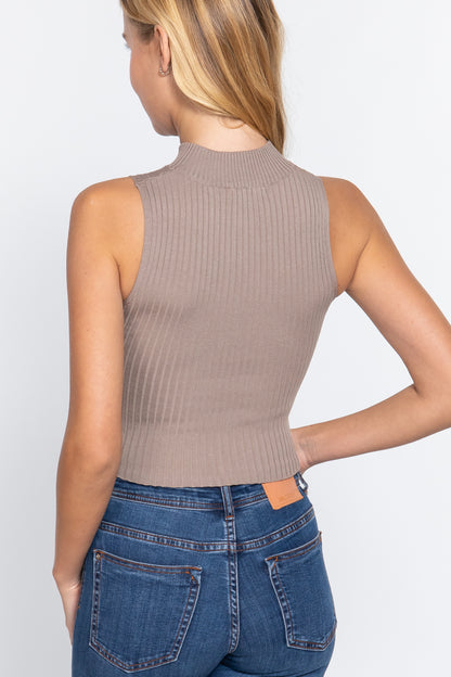 Sleeveless Ribbed Sweater Top W/zipper - Oyster Khaki
