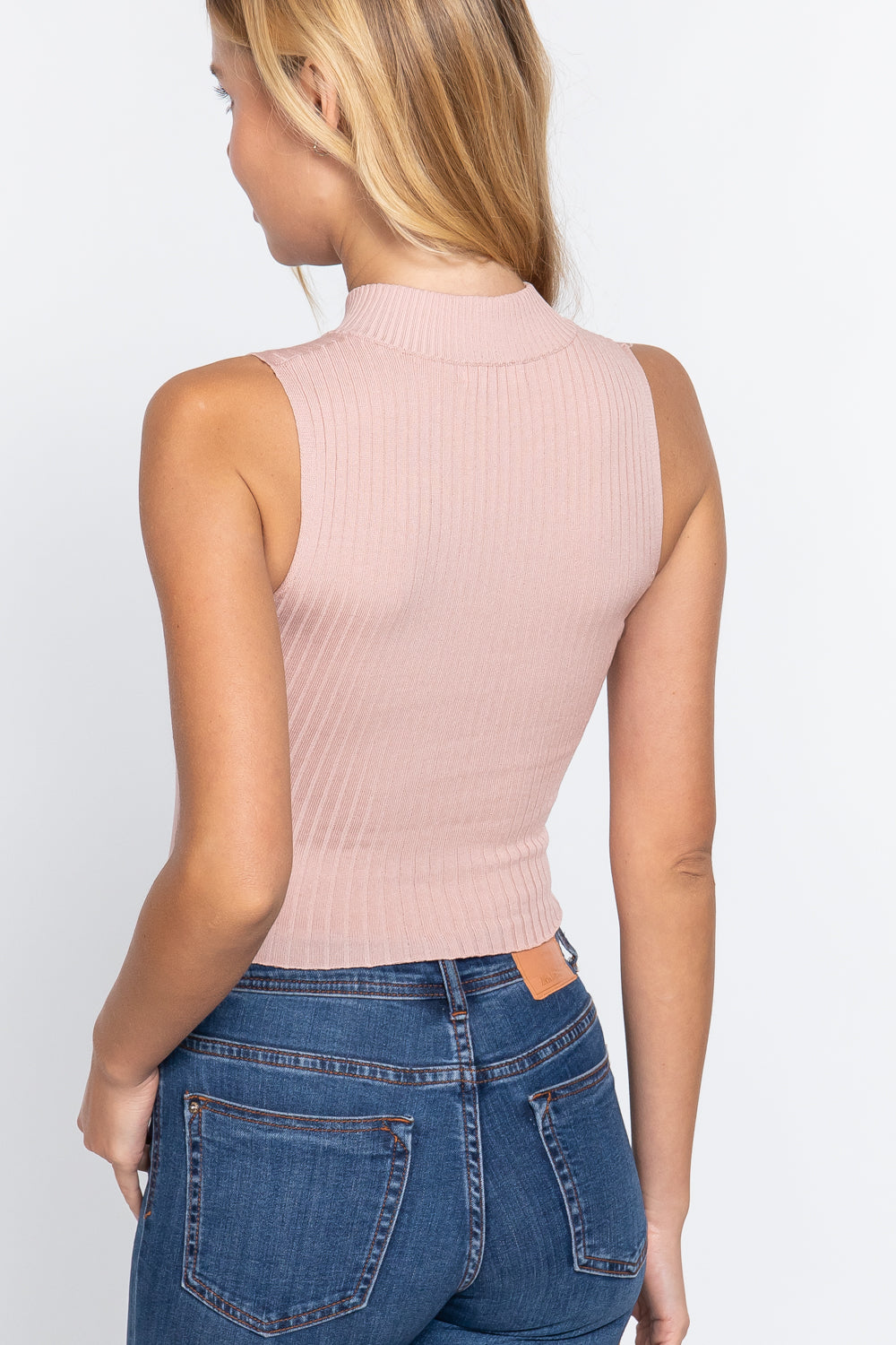 Sleeveless Ribbed Sweater Top W/zipper - Cloud Pink