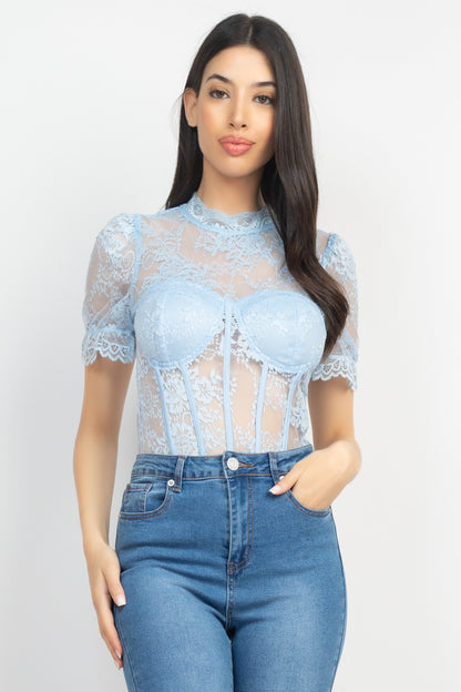 Floral Lace Corset Keyhole Bodysuit - Pastel Blue