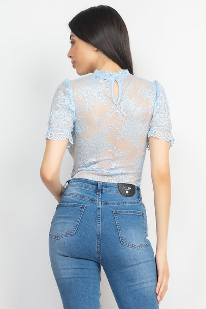 Floral Lace Corset Keyhole Bodysuit - Pastel Blue