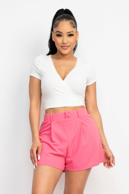 Wrap Ribbed Knit Lace Trim Top - Off White
