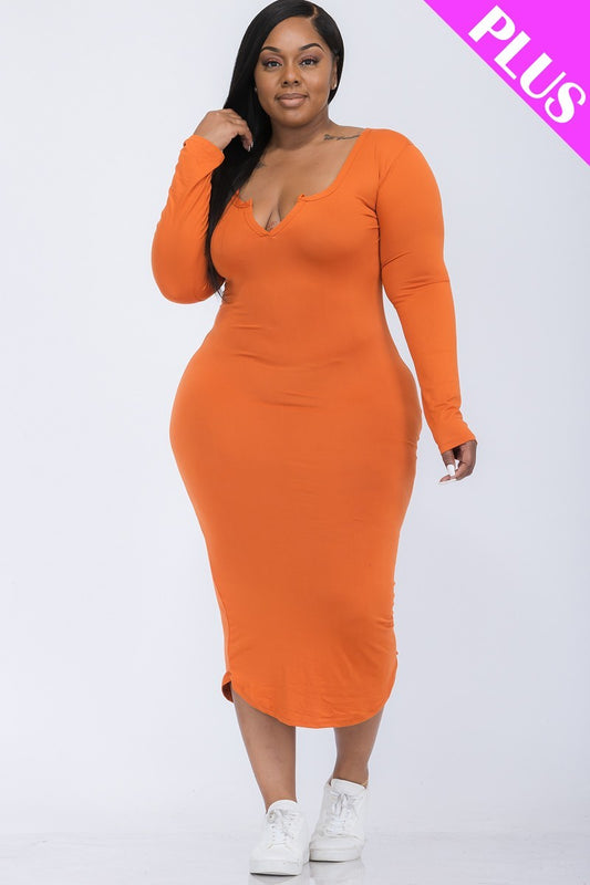 Plus Size Split Neck Long Sleeve Midi Dress - Mango