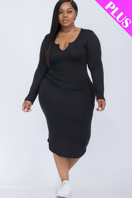 Plus Size Split Neck Long Sleeve Midi Dress - Black