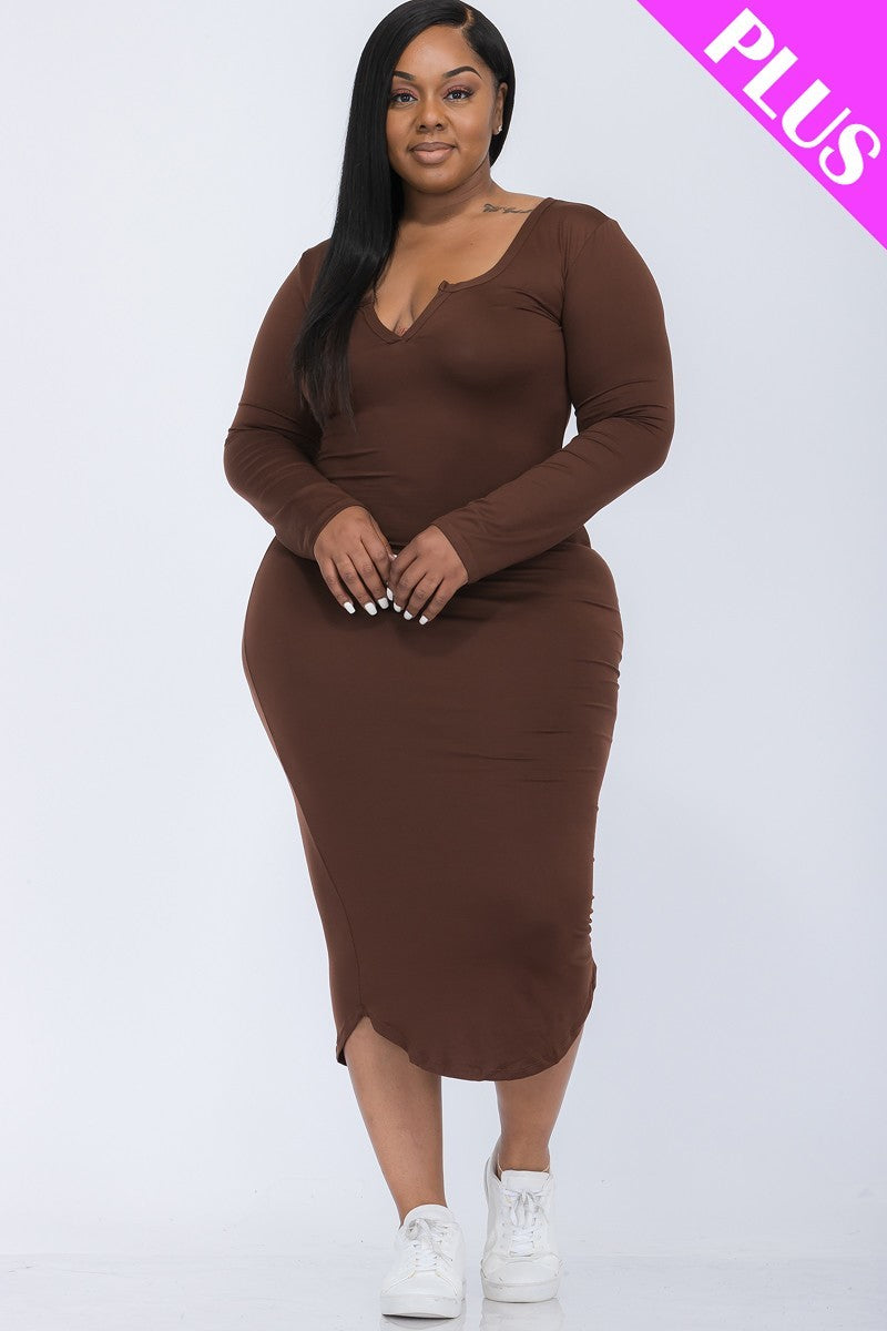 Plus Size Split Neck Long Sleeve Midi Dress - Coffee