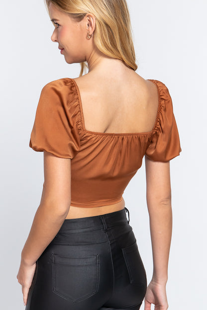 Short Sleeve Shirring Satin Crop Top - Rich Brown