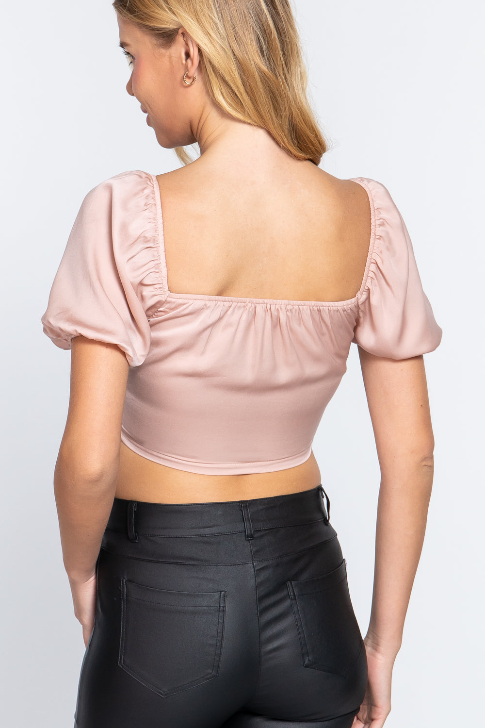 Short Sleeve Shirring Satin Crop Top - Dusty Pink