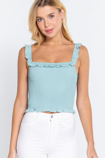 Smocking Ruffle Cami Woven Top - Mint