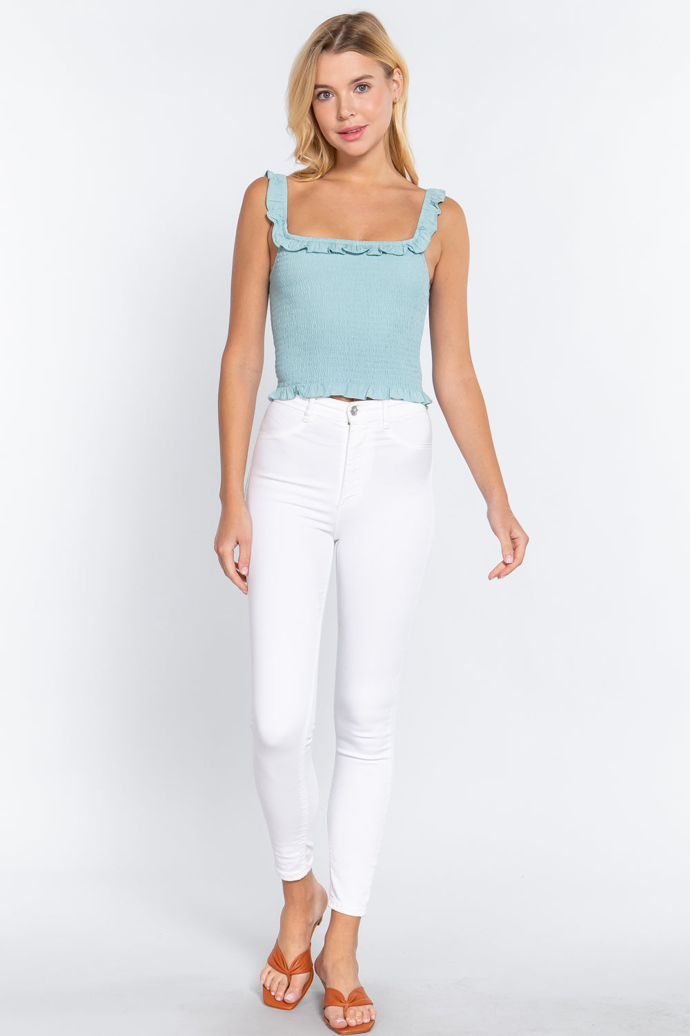 Smocking Ruffle Cami Woven Top - Mint