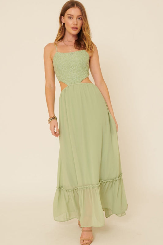 Sheer Covered Chiffon Floral Lace Maxi Dress - Pastel Green