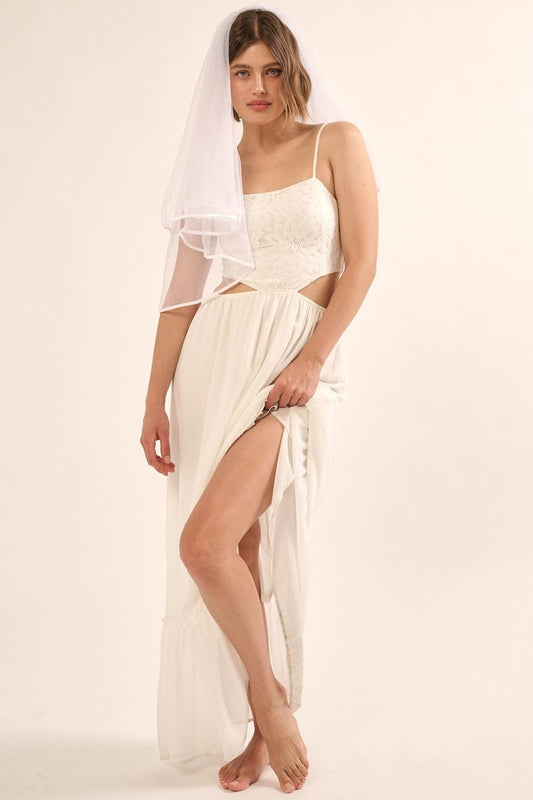 Sheer Covered Chiffon Floral Lace Maxi Dress - White