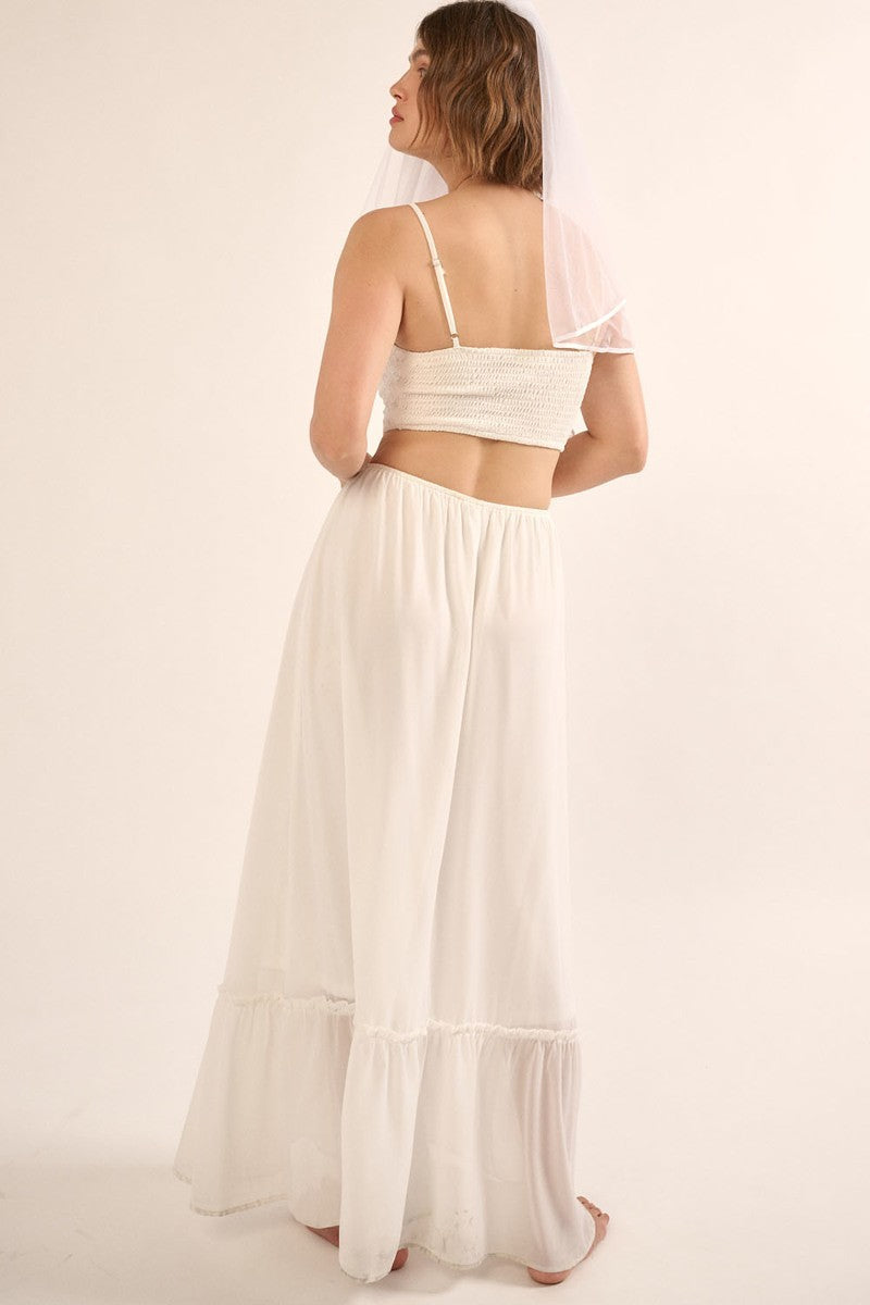 Sheer Covered Chiffon Floral Lace Maxi Dress - White