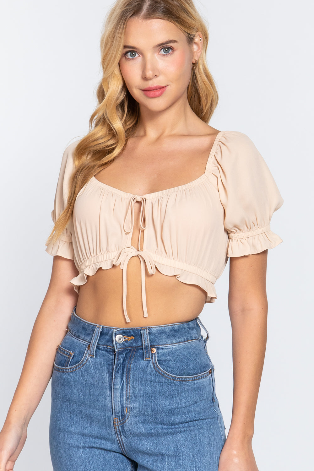 Short Sleeve Print Crop Woven Top - Beige