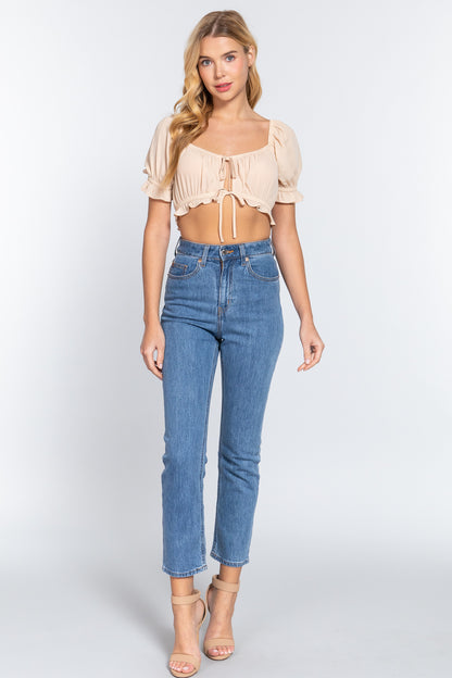 Short Sleeve Print Crop Woven Top - Beige