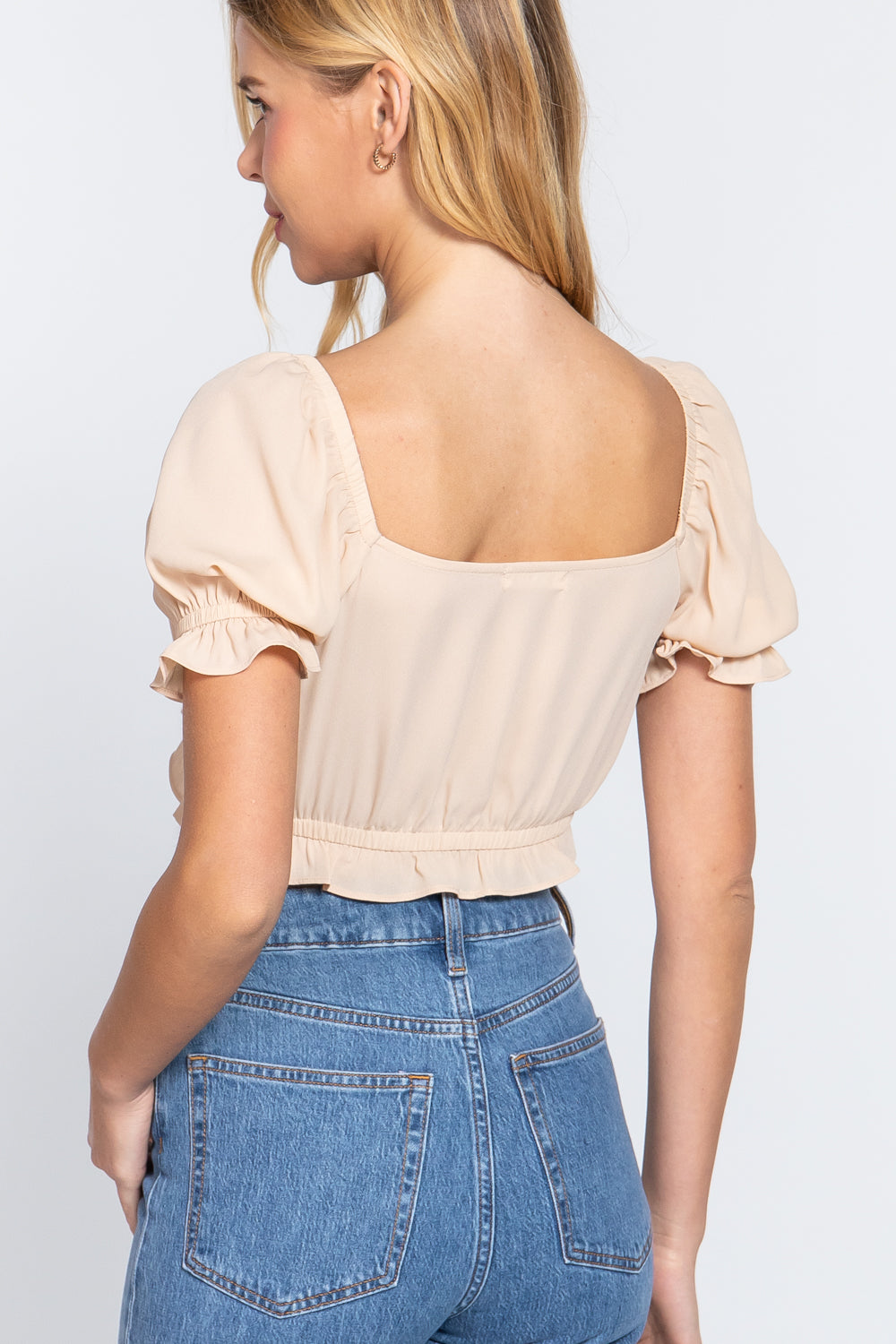 Short Sleeve Print Crop Woven Top - Beige