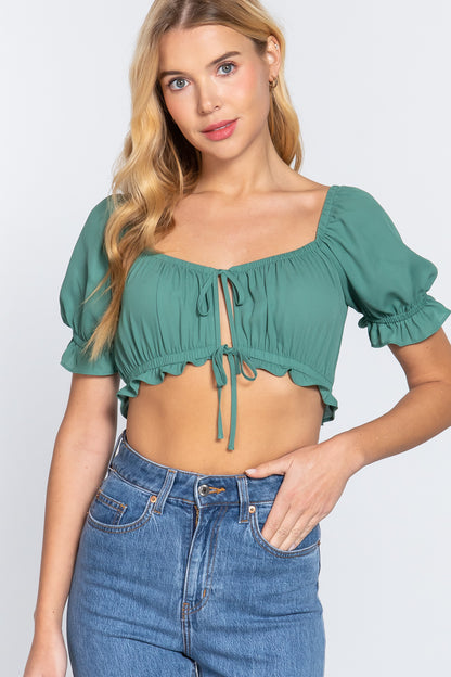 Short Sleeve Print Crop Woven Top - Green