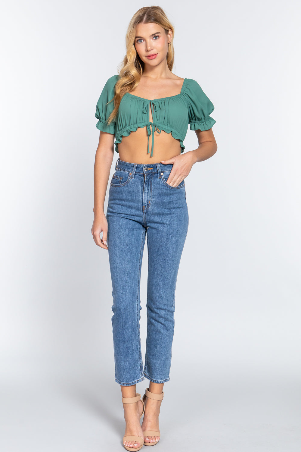 Short Sleeve Print Crop Woven Top - Green