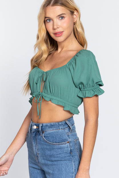 Short Sleeve Print Crop Woven Top - Green