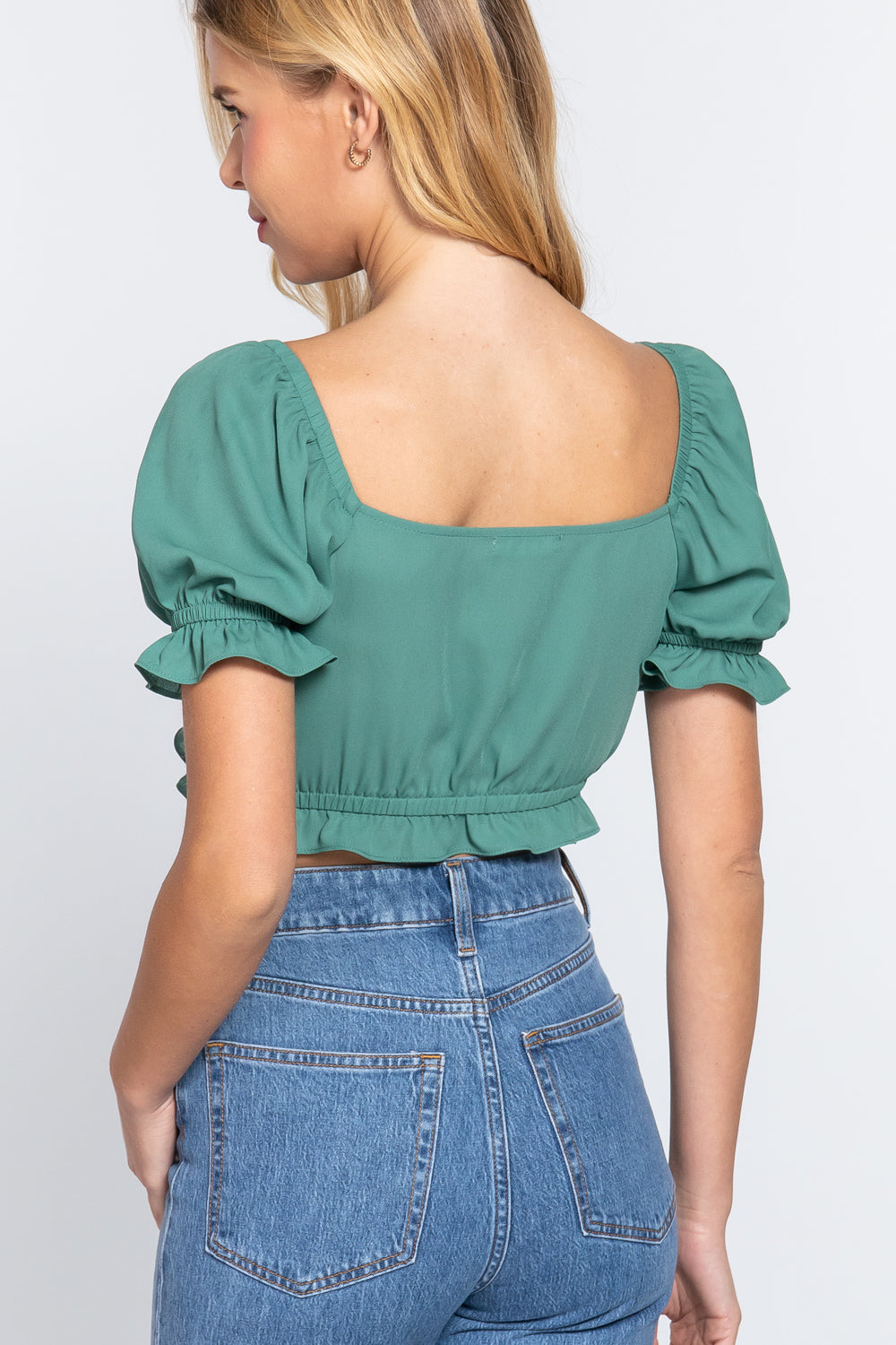 Short Sleeve Print Crop Woven Top - Green